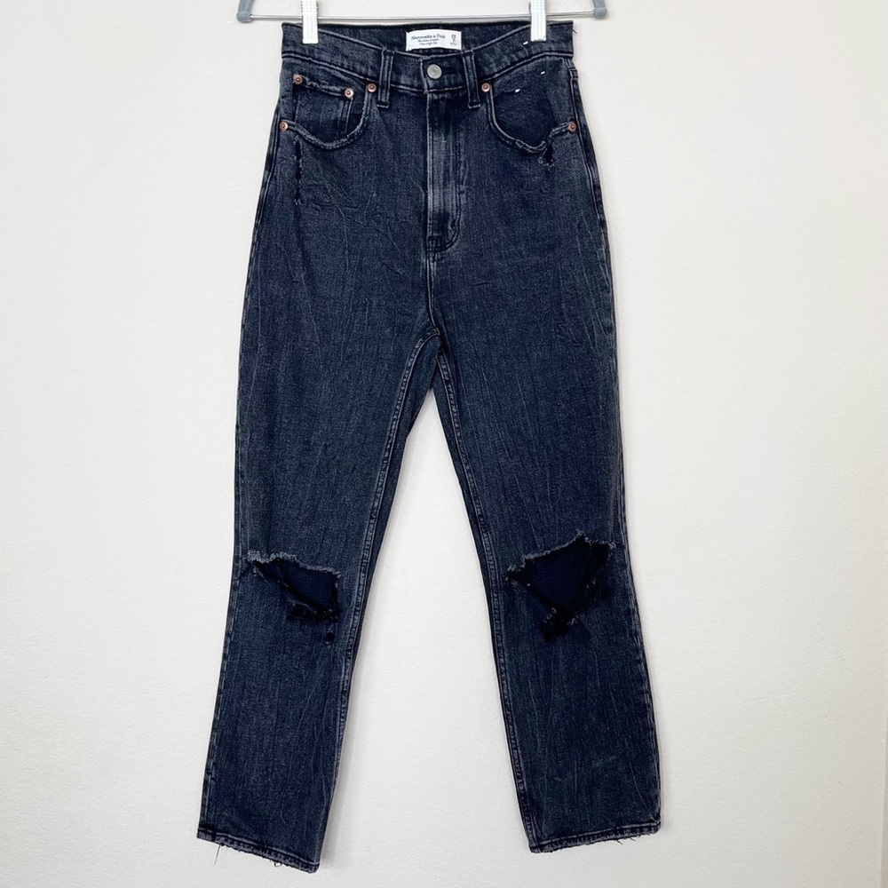 Abercrombie & Fitch Curve Love The Ankle Straight High Rise Destroyed Black Jean